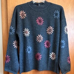 CHARLIE B Dark Gray Sweater with Multicolor Floral Embroidery  NWT